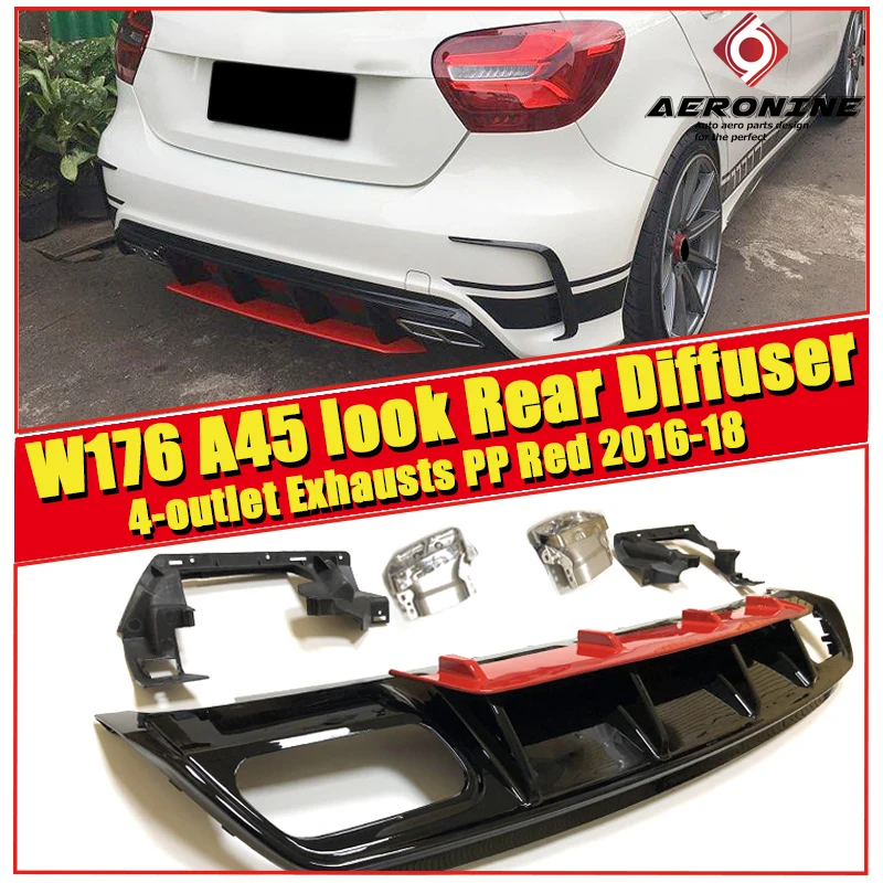 

A45 look Diffuser+304 Stainless Steel 4-Outlet Exhaust Tip ABS Red Fits For Mercedes Benz W176 Sport Edition A180 A200 A250 16+