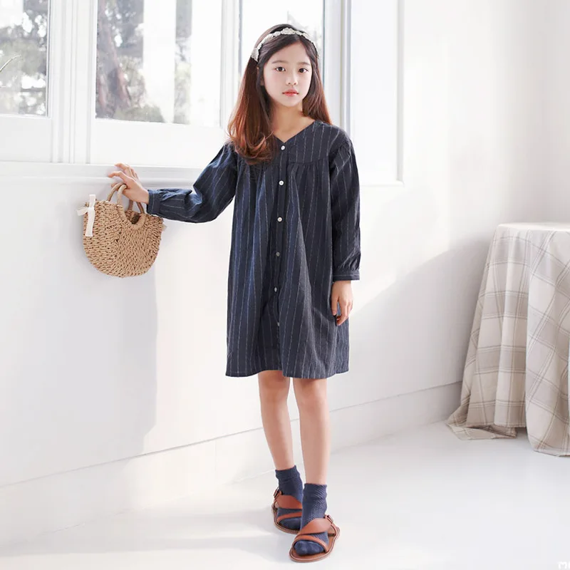 

Brand Baby Girls Dress 2019 New Cotton Linen Stripe Children Casual Dress V-neck Kids Spring Dress Mother and Me Clothes,#3969
