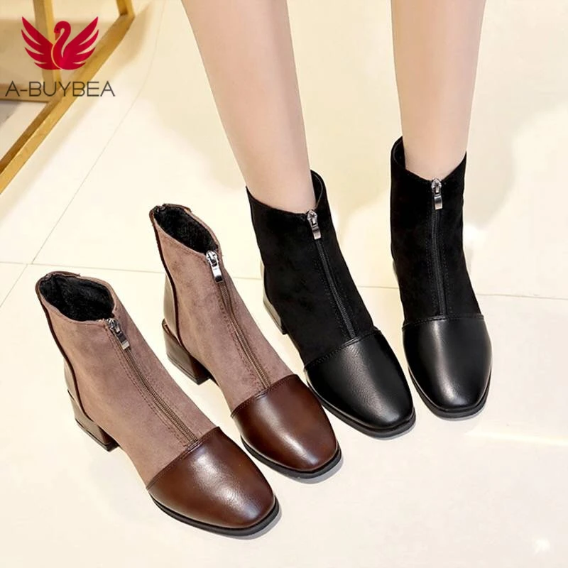 

Brand Zipper Boots Woman Front Zipper Botas Thick High Heels Ankle Botines Winter Pu Leather Martin Booties Black Ladies Shoes