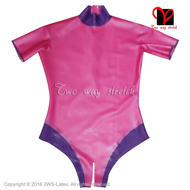 Sharp Pink And Blue Sexy Latex swimsuit Short sleeves zipper At Back
