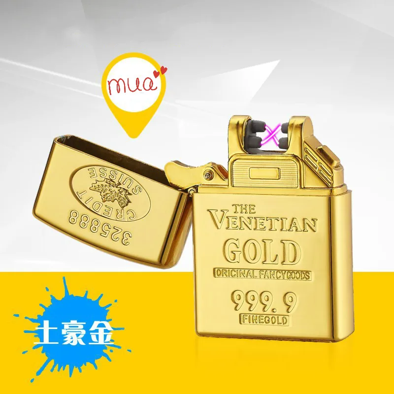 

Zinc Alloy Shell Creative Gold Brick Lighters Current Double Arc Ignition Lighter USB Charging Electronic Cigarette Lighter