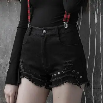 

PUNK RAVE Women's Gothic Irregular Frilled Shorts Punk Style Streetwear Hole Black Shorts Girls Fashion Summer Short Pants