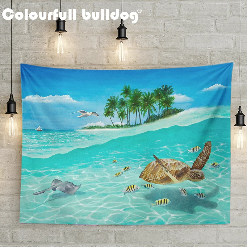 

Cartoon Ocean Style Palm Leaves Wall Hanging Yellow and White Stripes Fish Large Blanket Dolphin Mermaid Decorative Tapestries