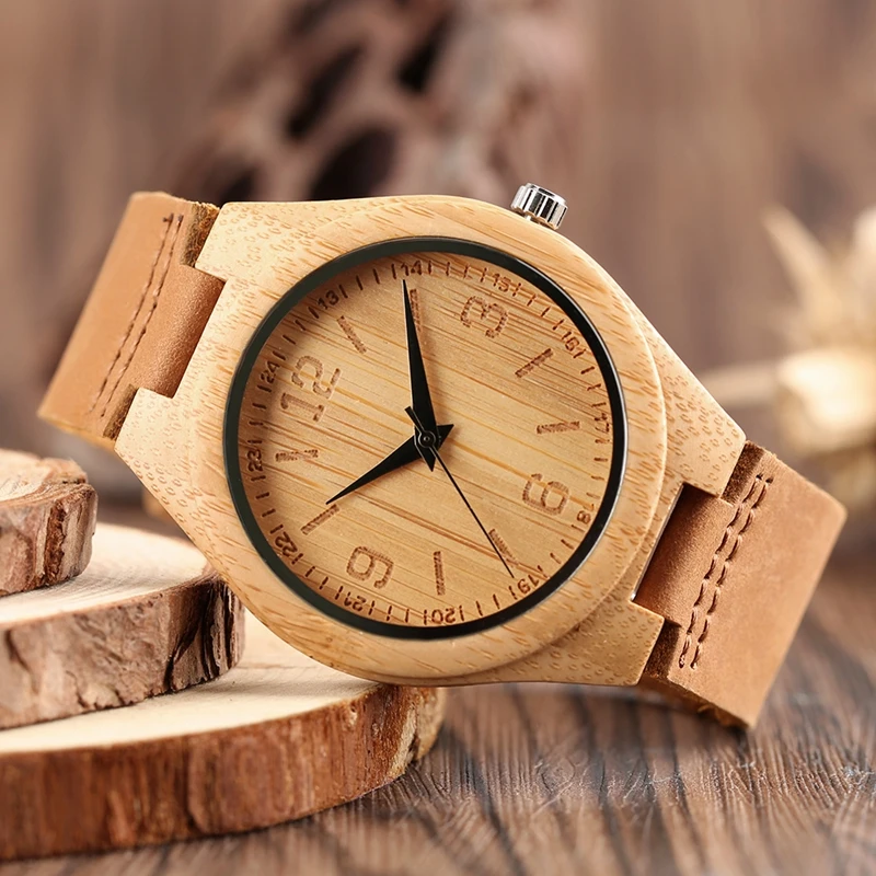 

Top Lightweight Bamboo Wood Men's Watch Simple Engraving Numbers Round Dial Analog Wooden Quartz Wristwatch Genuine Leather Gift
