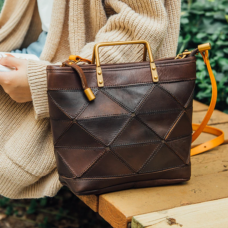 AETOO Lady Retro Literary handmade cowhide single shoulder oblique cross bag geometric stitching handbag leather dumpling bag