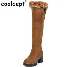 Coolcept Tamanho 34-43 Mulheres Quente Fur Dentro de Inverno Frio Botas Mulheres Grosso do Salto Alto Sobre O Joelho Botas de Neve feminina Botas Quentes