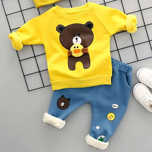 Комплект для маленьких мальчиков, зимний костюм, одежда Теплый Топ, штаны для малышей, детская одежда с рисунком медведя длинный рукав, от 3 до 36 месяцев - Цвет: Yellow