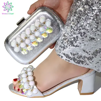

Italian Ladies Shoes and Bags To Match Set Sliver Color Women Italian African Party Pumps Shoes and Bag Set Decorated with Stone