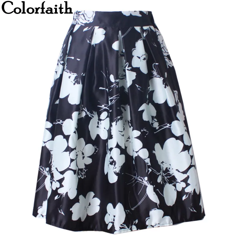 

Fashion 2016 Spring Satin Skirt Women Vintage Casual Black White Painting Printed Ball Gown Pleated High Waist Midi Skirt SK040