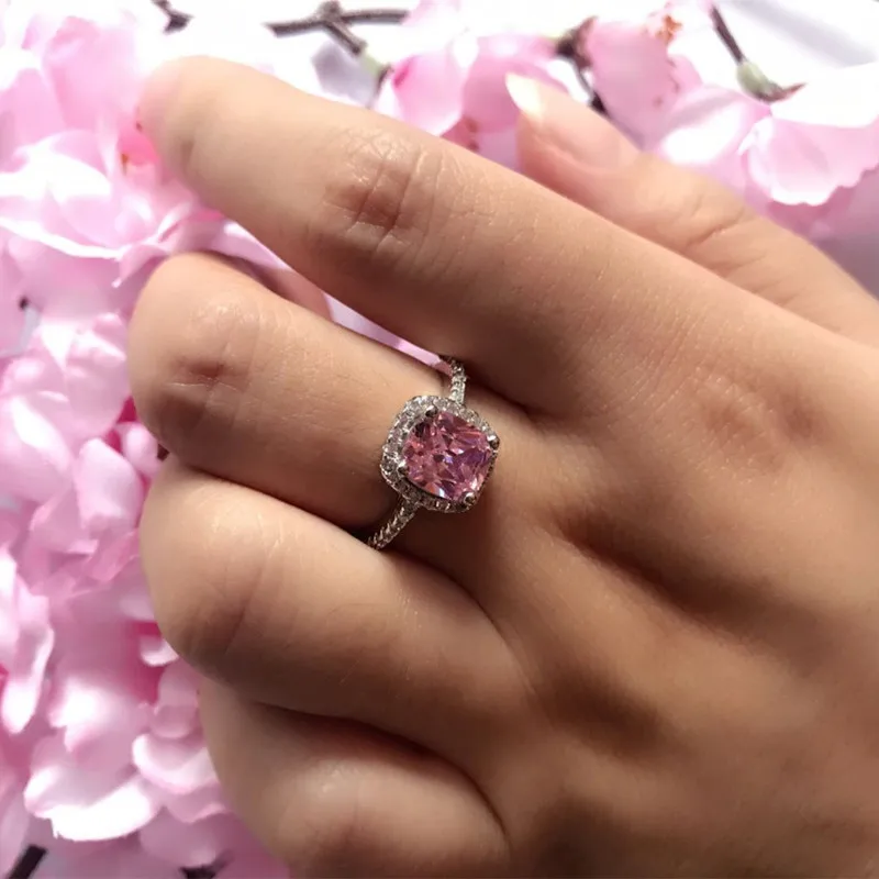 

Brand 925 jewelry Sterling Silver Wedding Bride Ring finger Fashion Pink Princess-cut 3ct 5a zircon CZ stone Rings for Women