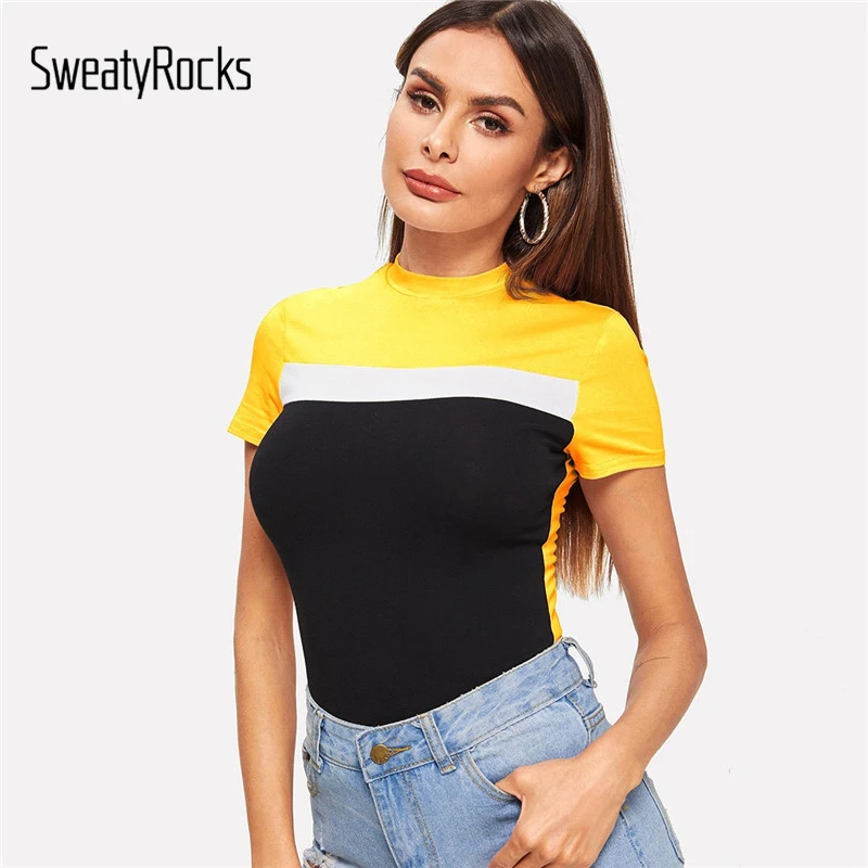 

SweatyRocks Mock Neck Colorblock Slim Tee Active Wear Short Sleeve Stretchy T-shirts 2019 Summer Casual Women Skinny Tees