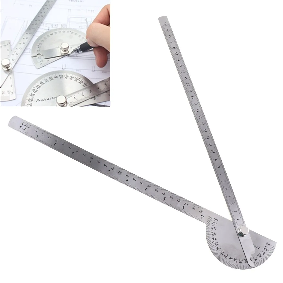 Stainless Steel Round Head Dual Arm 180 ° Protractor Angle Finder Rotary Ruler