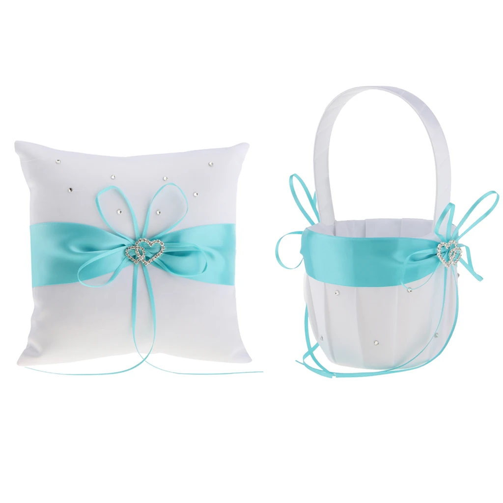 1 Set Crystal Rhinestone Double Heart Blue Wedding Ring Pillow Flower Girl Basket White Garden Supplies