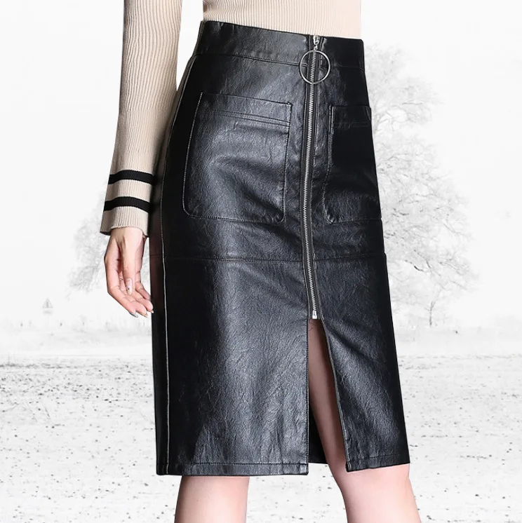 SWYIVY 4XL Plus Size Leather Skirt Woman Autumn 2018 Black Knee High Long A Line Skirts Female High Waist Sexy Zip Tight Skrit