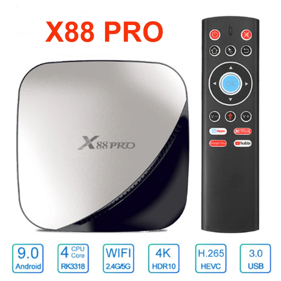 

X88 PRO Android TV Box 4G 64G Rockchip RK3318 4 Core 2.4G&5G Wifi 4K HDR Set Top Box USB 3.0 Support Android 9.0 Voice Control