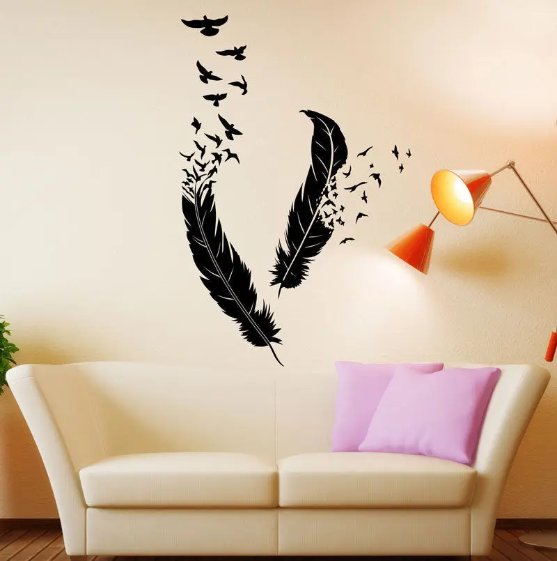 free shipping abstract vinyl wall decal feathers flying birds mural
