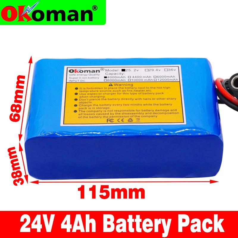 Okoman Высокая емкость 24 В 4Ah 18650 литий-ионный аккумулятор 25,2 в 4000 мАч Электрический велосипед мопед/Электрический/комплект литий-ионный батарей