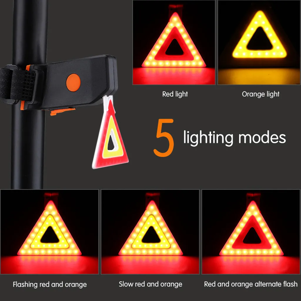 Sale USB Rechargeable Bike Rear Tail Light LED Bicycle Warning Safety Smart Lamp Unique Red Yellow Light Riding Night Triangle Shape# 6 Sale USB Rechargeable Bike Rear Tail Light LED Bicycle Warning Safety Smart Lamp Unique Red Yellow Light Riding Night Triangle Shape# 6