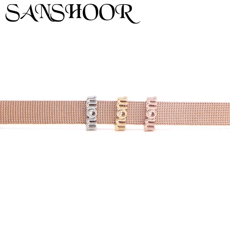 

SANSHOOR Jewelry Letters Mom Slide Charm Keeper Fit 10mm Stainless Steel Mesh Bracelet for Women & Mother DIY Accessories Making