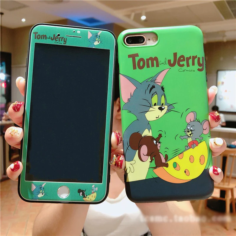 For iPhone XS Max case Tom cat soft back cover for iPhone 7/8 plus cartoon mouse phone shell for 6 6s+ soft edge glass film