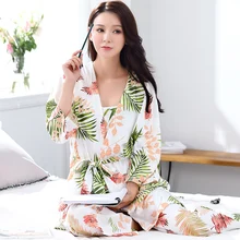 Новинка, модная женская пижама, ночное кимоно, халат, однотонный, весна-осень, хлопок, 3 штуки, костюм, халат, элегантный, для ванной, спа Халат