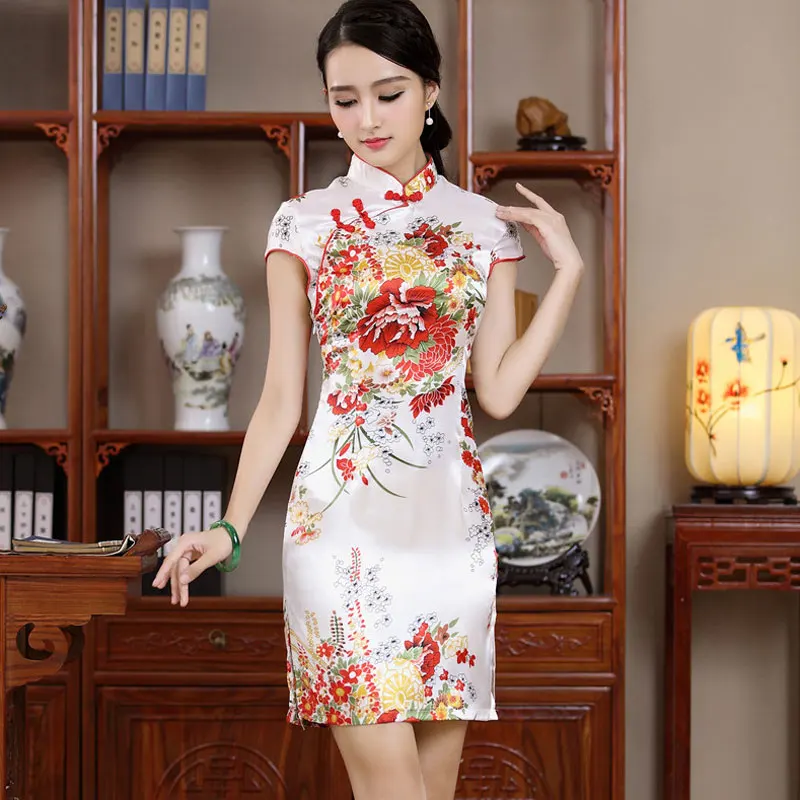 Винтажное женское китайское платье Cheongsam QiPao короткое шелковое с большим