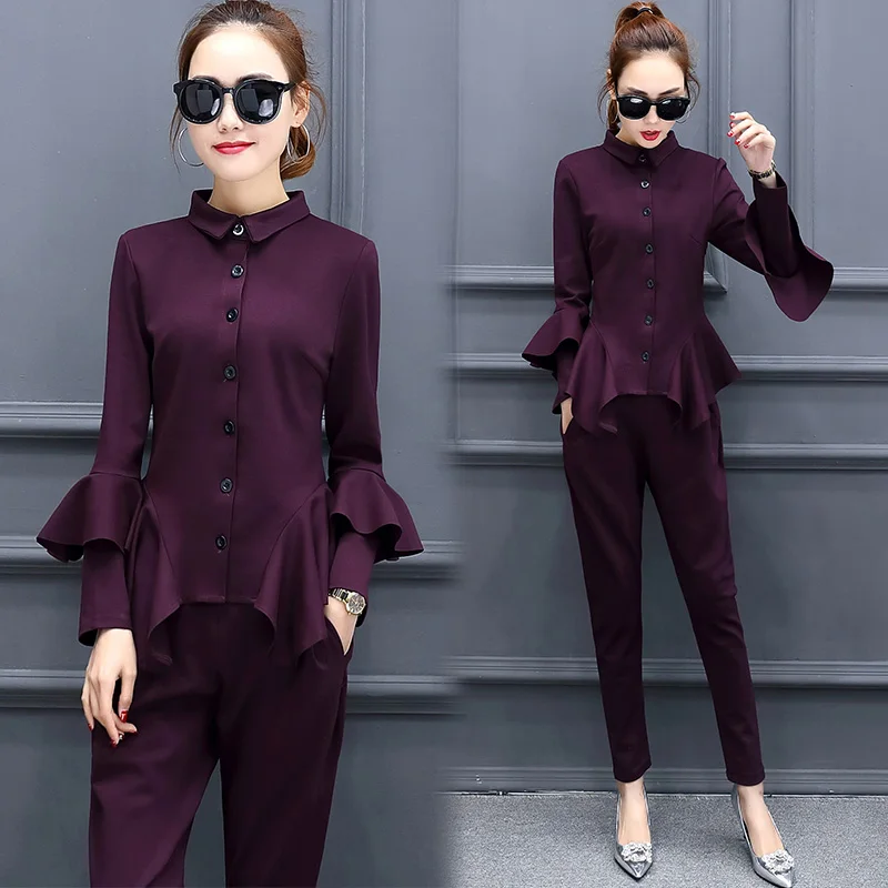 

European and American women's 2017 spring new Slim flouncing shirt + Harem pants Two pieces / sets TB7164