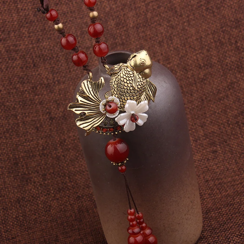 

ethnic gossip jewelry fish pendants vintage necklace,shell flowers ethnic necklace,new Chinese wind glass stones necklace
