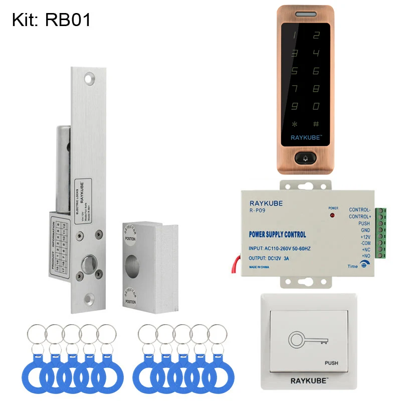 RAYKUBE DIY система контроля доступа набор с RFID сенсорной клавиатурой+ Электронные дверные замки+ кнопка выхода+ блок питания+ RFID ключи - Цвет: RB01