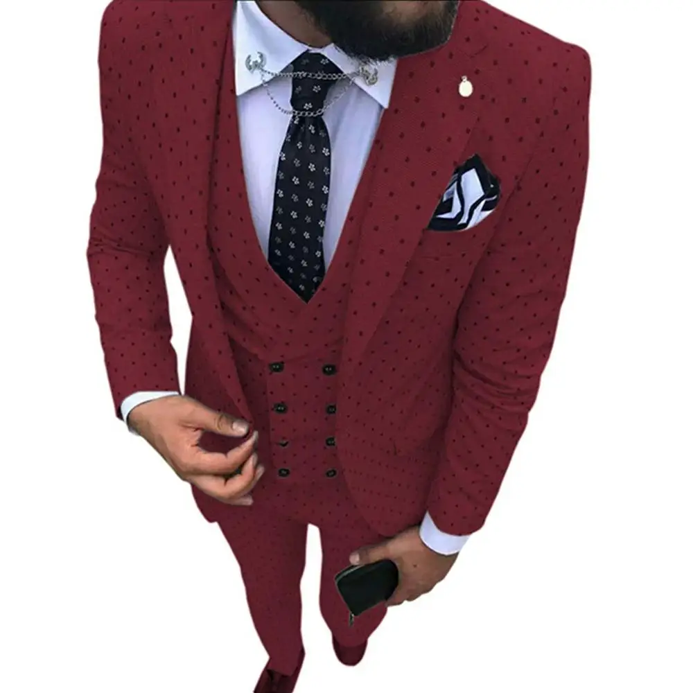 

Men's Burgundy Suit 3 Pieces Spotted Notch Lapel Slim Fit Double Breasted Vest Tuxedos Groomsmen For Wedding(Blazer+vest+Pants)