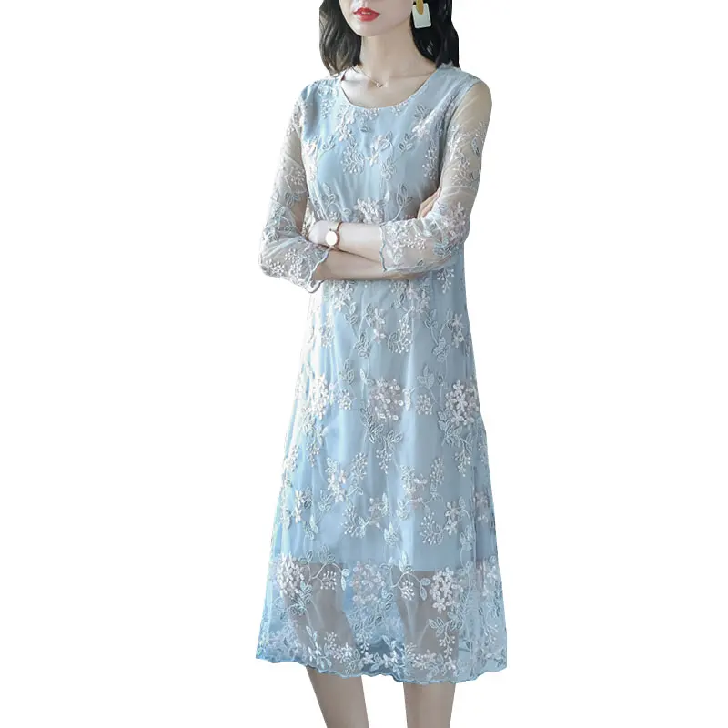 

3XL Maxi Dress Summer Clothes For Women 2019 New Fashion Lace Embroidered Elegant Seven-quarter Sleeve Plus Size Vestidos HJ306