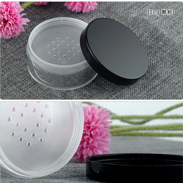 

New Arrival 50g Plastic Loose Powder Jar with Sifter Empty 50g Cosmetic Container Black Matte Cap Makeup Compact