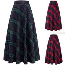 Горячая Распродажа зима осень Женская высокая эластичная талия Макси А-силуэт клетчатая юбка женская Повседневная Зеленая красная теплая расклешенная длинная юбка до лодыжки