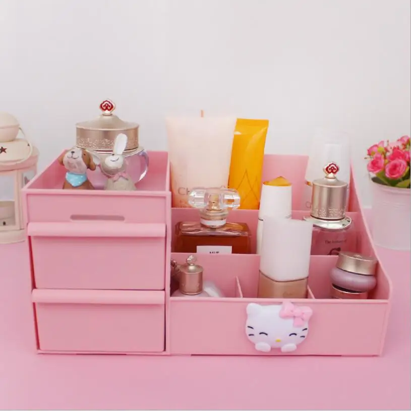 

Pink Storage Drawers Cute Cat Desktop Storage Boxes Plastic Makeup Dressing Table Skin Care Rack House Organizer Container