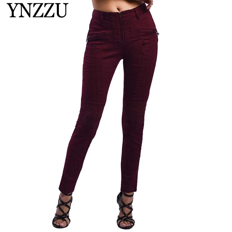 

YNZZU 2019 New Spring Skinny Jeans Women Wine Red High Waist Zipper Moto & Biker Casual Pencil Pants Streetwear Jeans YB273