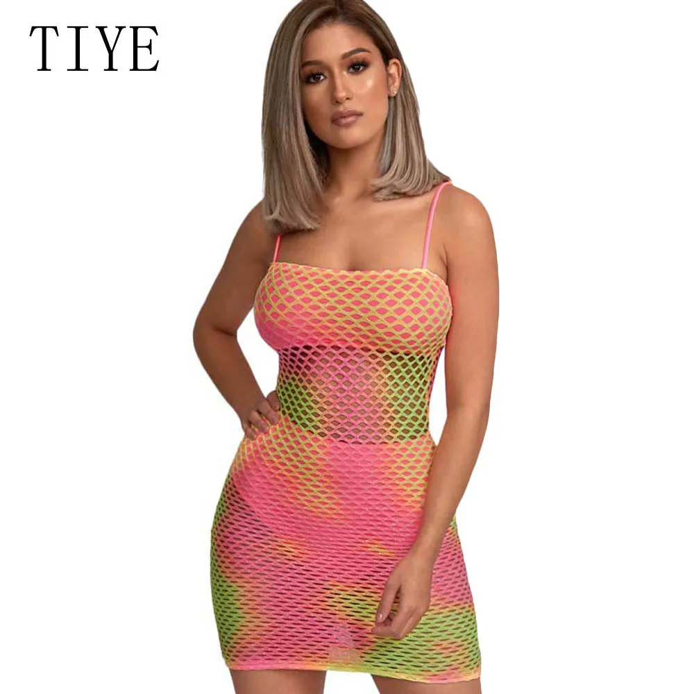 

TIYE Mesh See Through Rainbow Print Bodycon Bandage Dress Vestidos Robe Off Shoulder Sexy Summer Womens Party Night Club Dresses