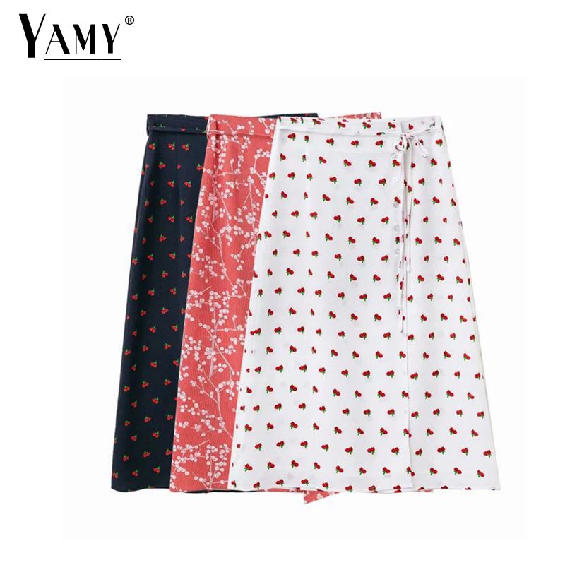 

Summer wrap white skirt women boho vintage korean kawaii floral cherry a line pink skirts womens midi skirt streetwear 2019