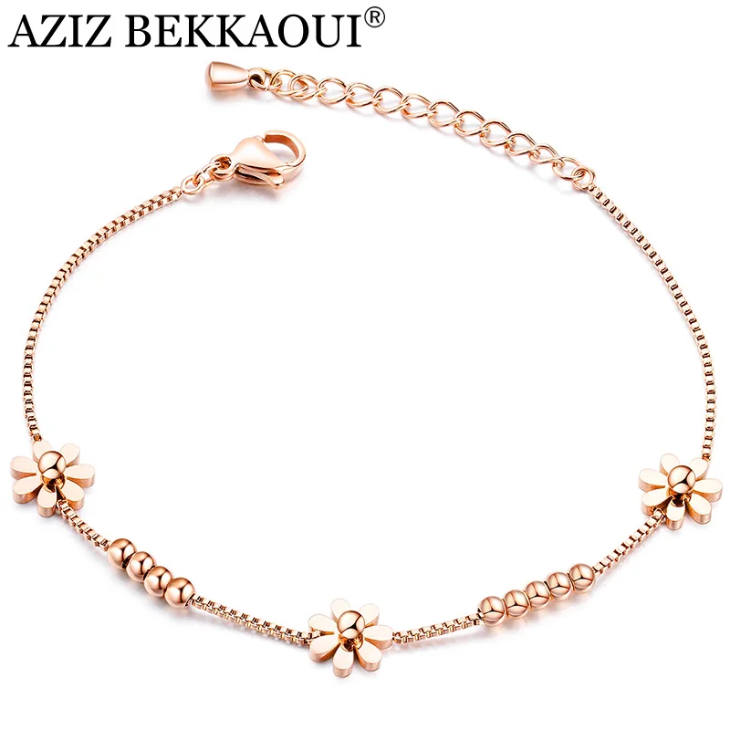 

AZIZ BEKKAOUI Simple Style Rose Gold Sun Flower Bracelet Stainless Steel Bracelet for Women Chain Link Bracelets Summer Jewelry