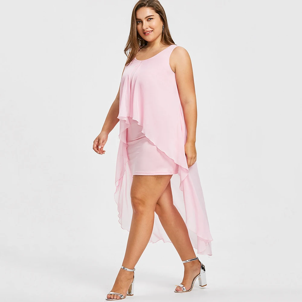 Women Fashions Summer Plus Size Dress 5XL Sleeveless High Low Hem Flyaway Dresses Split Front A-Line O-Neck Party Dress Vestidos Women Fashions Summer Plus Size Dress 5XL Sleeveless High Low Hem Flyaway Dresses Split Front A-Line O-Neck Party Dress Vestidos