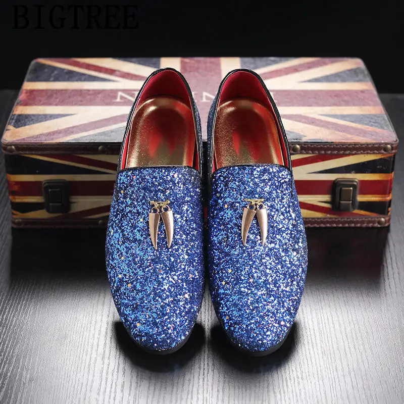 wedding shoes men dress glitter loafers men shoes formal party shoes men elegant coiffeur sepatu slip on pria erkek ayakkabi - Color: Blue