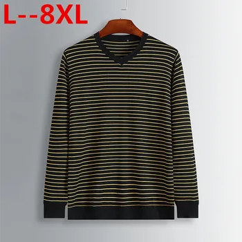 

plus size 8XL 6XL 5XL Knitted Sweater Men Fashion 100% Cotton Slim Fit 2018 autumn Winter autumn New Striped Pullover Curl Hem