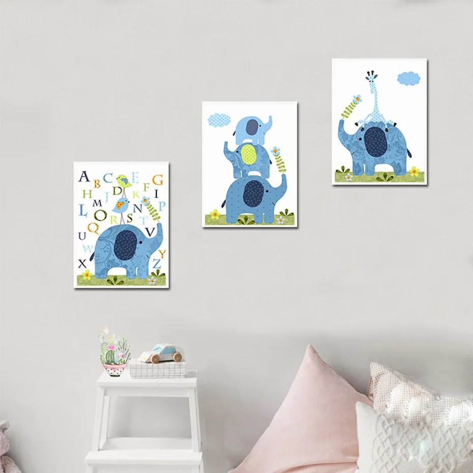 

Cartoon Animal Elephant Family Alphabet Canvas Paintings Nursery Wall Art Nordic Poster Print Pictures for Kids Room Home Decor