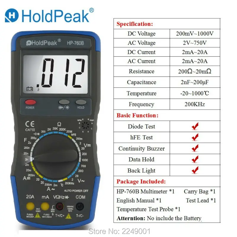 Multimetro HoldPeak HP-760B Digital Multimeter Meter Measuring AC/DC Voltage Current Resistance Capacitance hFE with Carry Bag |
