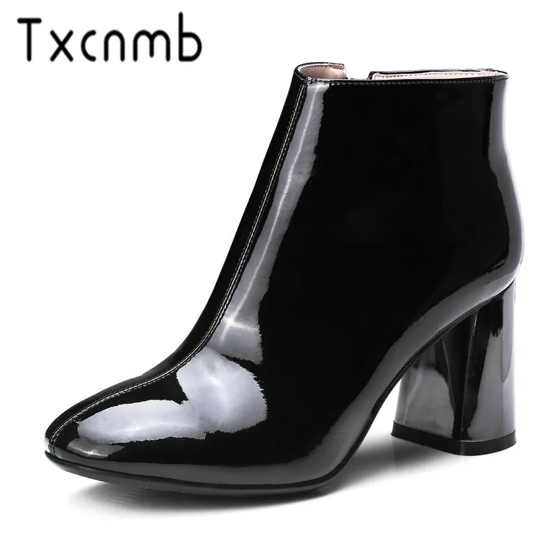 

TXCNMB Brand Women Basic Ankle Boots Genuine Leather Autumn Winter High Heels Shoes Round Toe Elegant Shoes Woman Office