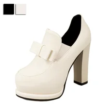 Spring Autumn Women High Heel Shoes Solid Color Thick Heel Round Toe Platform Bowtie Pu Leather Female Casual Pumps