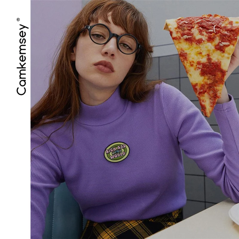 

CamKemsey Autumn Winter Knitted T-Shirts Women 2019 New Fashion Letter Embroidery Turtleneck Long Sleeve Casual Tees Shirts