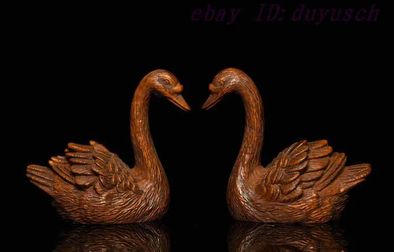 

Collect Chinese Folk FengShui Boxwood Wood Carving goose swan cygnus Statue Pair