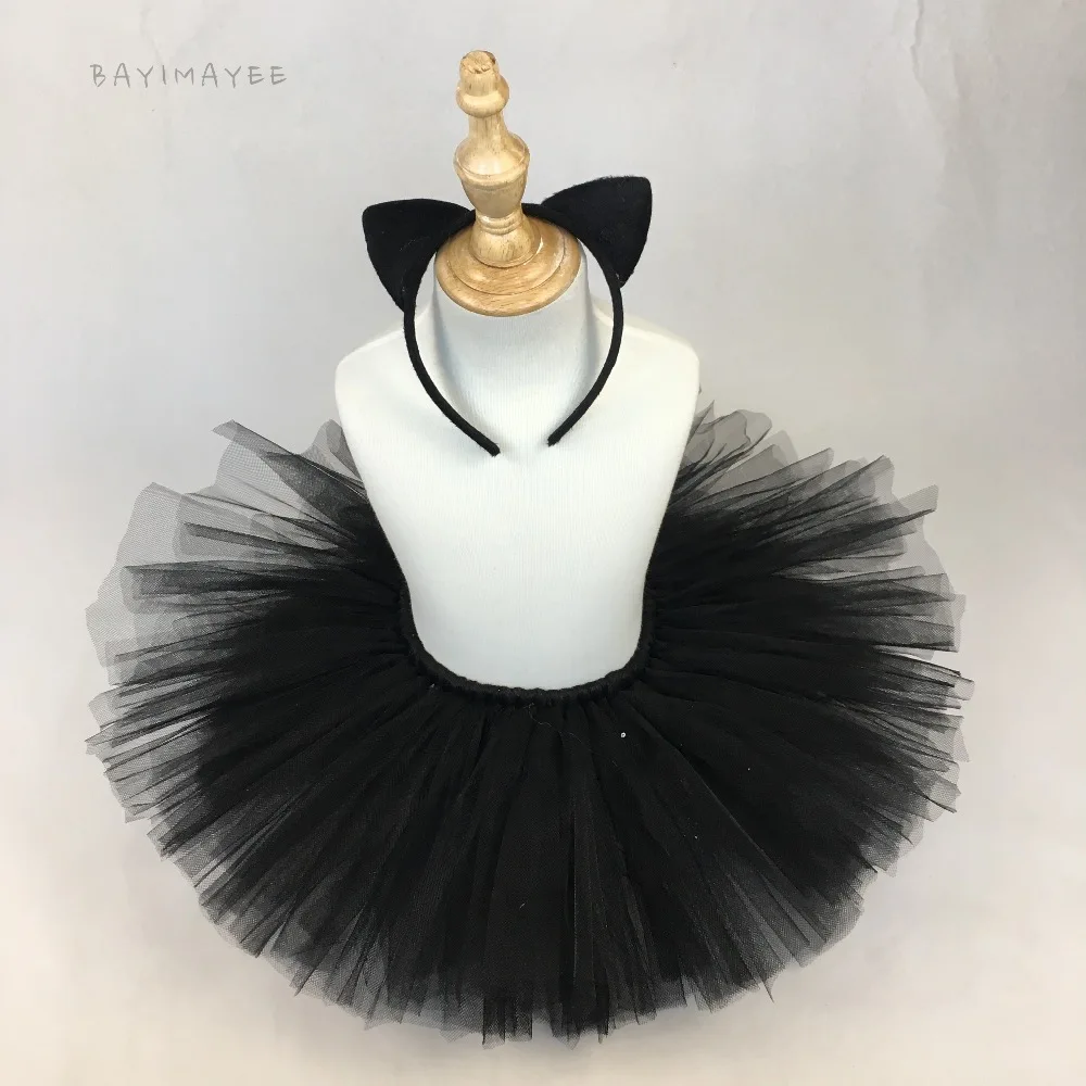 Черная юбка-пачка с рисунком кота для девочек детская балетная юбка-американка ручной работы из пышного тюля с бантом для волос; детский праздничный костюм с юбкой одежда для костюмированной вечеринки