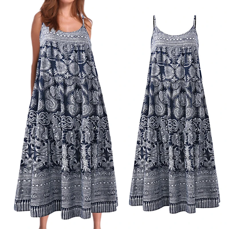 

Summer Sundresses Fashion Style Female Women Dress Retro National Wind Loose Round Neck Sling Sleeveless Dress Hot Sale 2019