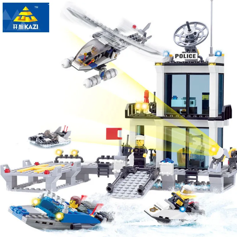 

KAZI 6726 Police Station Building Blocks Helicopter Boat Model Bricks Toys SWAT Policeman Compatible Legoe brinquedos Gift Kids